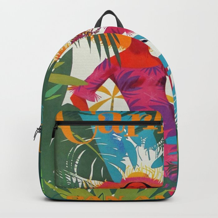 Vintage Colorful Caribbean Tropical Travel Poster Banana Leaves Palm Trees Woman Backpack