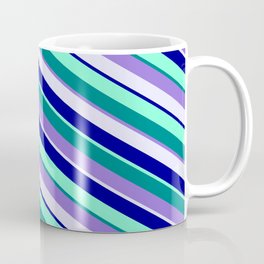 [ Thumbnail: Eye-catching Teal, Purple, Lavender, Dark Blue, and Aquamarine Colored Pattern of Stripes Coffee Mug ]
