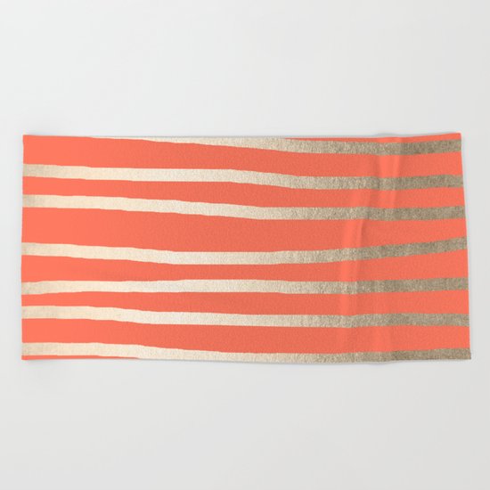 Simply Drawn Stripes in White Gold Sands on Deep Coral Beach Towel