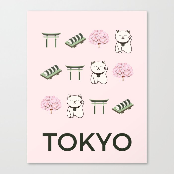 Tokyo Retro Art Vacations Boho Decor Modern Decor Light Pink Illustration Canvas Print