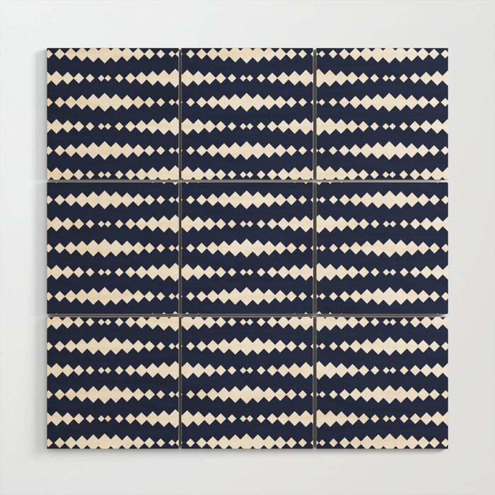 Navy Blue and White Geometric Horizontal Striped Pattern Wood Wall Art