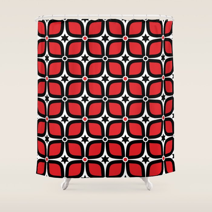 Mid Century Modern 4 Leaf Clover Black White Red Shower
