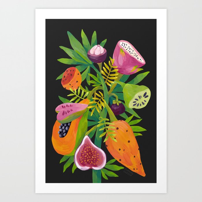Exotic Fruits, Tropical Plants on Black Background Art Print