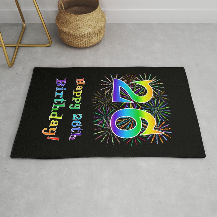 26th Birthday - Fun Rainbow Spectrum Gradient Pattern Text, Bursting Fireworks Inspired Background Rug