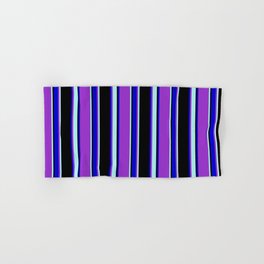 [ Thumbnail: Dark Orchid, Turquoise, Black, and Blue Colored Striped/Lined Pattern Hand & Bath Towel ]