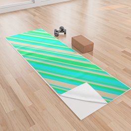 [ Thumbnail: Green, Aqua, and Tan Colored Stripes/Lines Pattern Yoga Towel ]