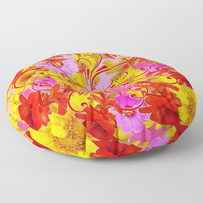AWESOME RED AMARYLLIS & YELLOW COREOPSIS RED ABSTRACT GARDEN Floor Pillow