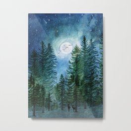 Silent Forest Metal Print | Animal, Tree, Nature, Landscape, Moon, Stars, Watercolor, Curated, Birds, Trees 