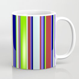 [ Thumbnail: Colorful Brown, Medium Slate Blue, Blue, Chartreuse & Light Cyan Colored Striped/Lined Pattern Coffee Mug ]