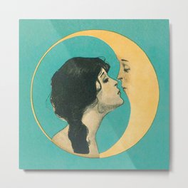Vintage Woman Kissing the Moon Metal Print