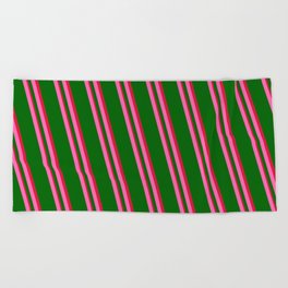 [ Thumbnail: Hot Pink, Dark Green & Crimson Colored Lines Pattern Beach Towel ]