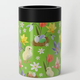 Colorful pattern with easter chicks, easter nests, tulips, daffodils, crocuses, wood anemones Can Cooler