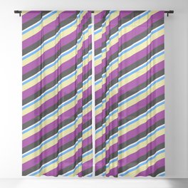 [ Thumbnail: Vibrant Blue, Tan, Purple, Black, and White Colored Pattern of Stripes Sheer Curtain ]