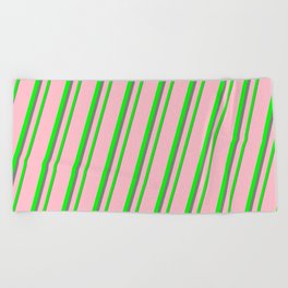 [ Thumbnail: Pink, Lime & Grey Colored Lined Pattern Beach Towel ]