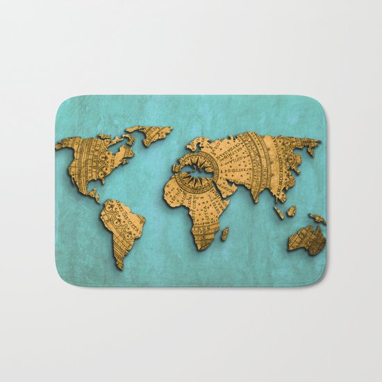Vintage World Map on Jade Dragon Teal Bath Mat