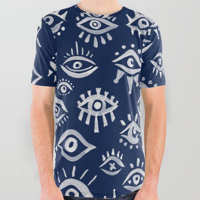 Mystic Eyes – White on Navy All Over Graphic Tee