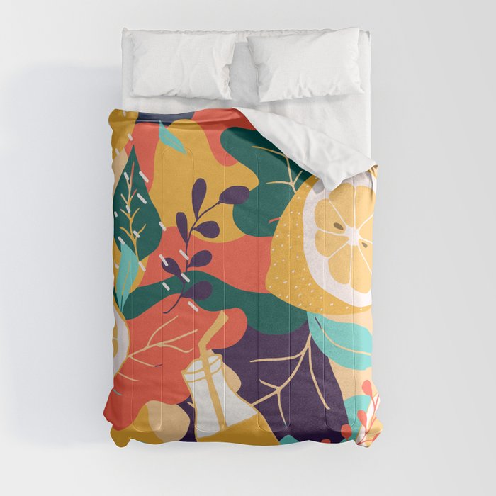 Colorful Tropical Citrus and Leaves Pattern  Comforter