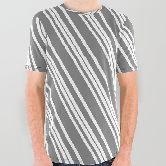 White and Grey Colored Lined/Striped Pattern All Over Graphic Tee