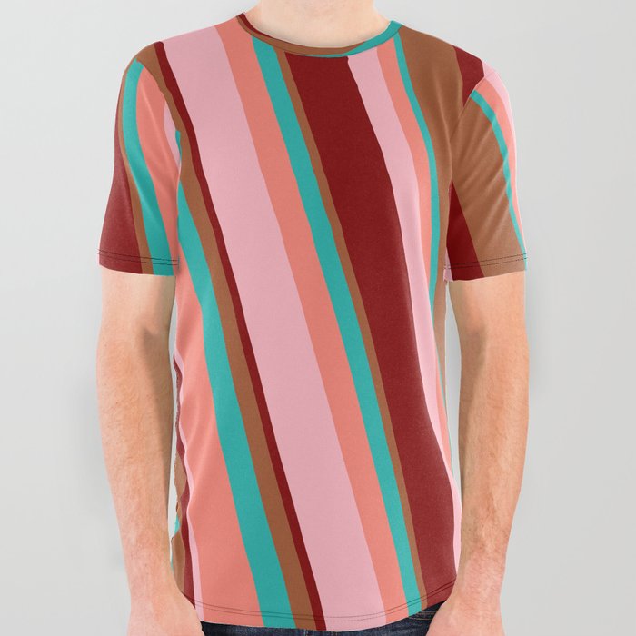 Eye-catching Sienna, Light Sea Green, Salmon, Light Pink, and Maroon Colored Striped Pattern All Over Graphic Tee