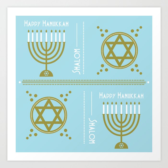 Shalom Lt Blue Art Print | Graphic-design, Shalom, Hannukah, Holiday, Judea, Light-blue, Menorah, Digital, Typography, Judaism
