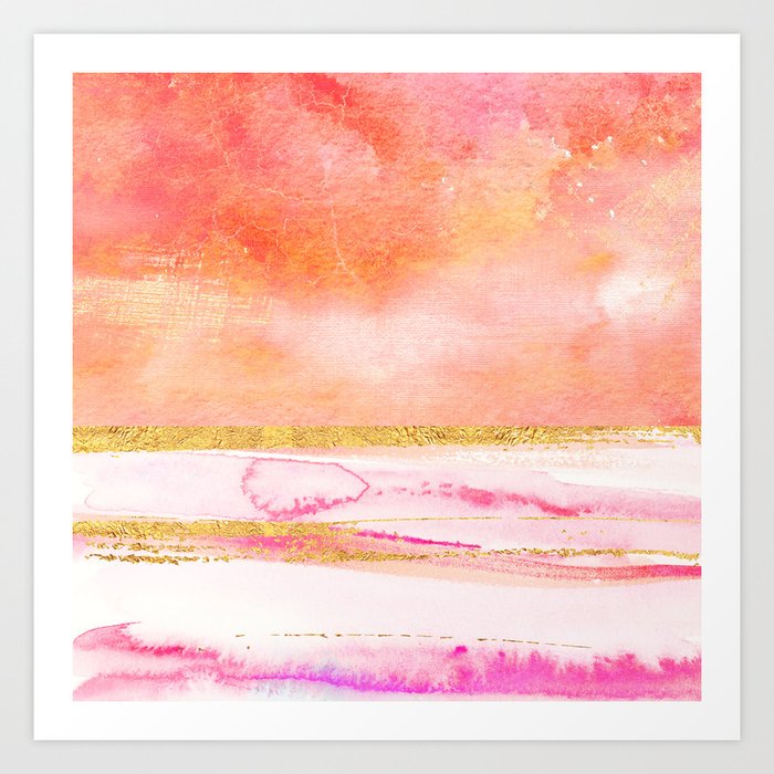 Coral, Gold And Pink Abstract Watercolor Art Art Print