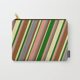 [ Thumbnail: Colorful Grey, Brown, Pale Goldenrod, Dark Green & Dark Salmon Colored Lined/Striped Pattern Carry-All Pouch ]