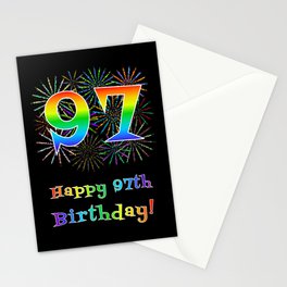 [ Thumbnail: 97th Birthday - Fun Rainbow Spectrum Gradient Pattern Text, Bursting Fireworks Inspired Background Stationery Cards ]