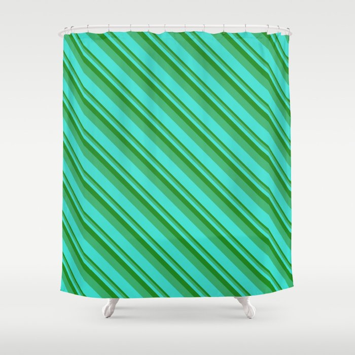 Forest Green, Sea Green & Turquoise Colored Lined Pattern Shower Curtain
