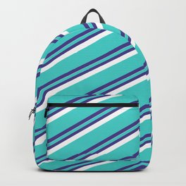 [ Thumbnail: Turquoise, Dark Slate Blue & White Colored Striped Pattern Backpack ]