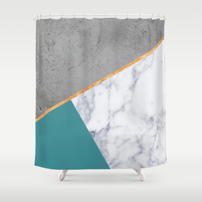 Marble Teal Gold Gray Geometric Shower, Grey Geometric Shower Curtain