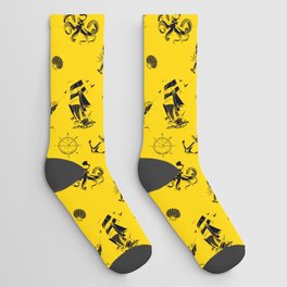 Yellow And Blue Silhouettes Of Vintage Nautical Pattern Socks