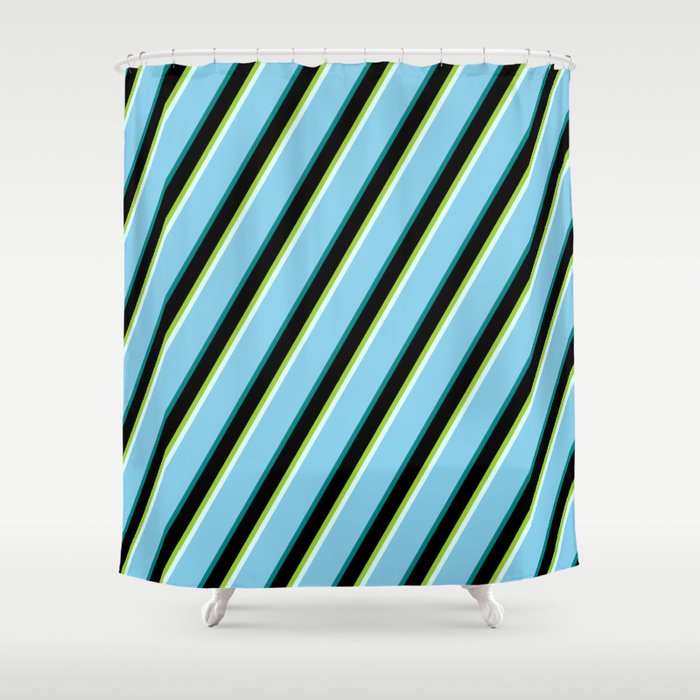 Eye-catching Green, Light Cyan, Sky Blue, Teal & Black Colored Stripes/Lines Pattern Shower Curtain