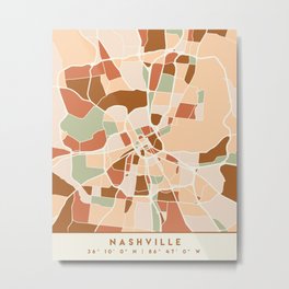 NASHVILLE TENNESSEE CITY MAP EARTH TONES Metal Print