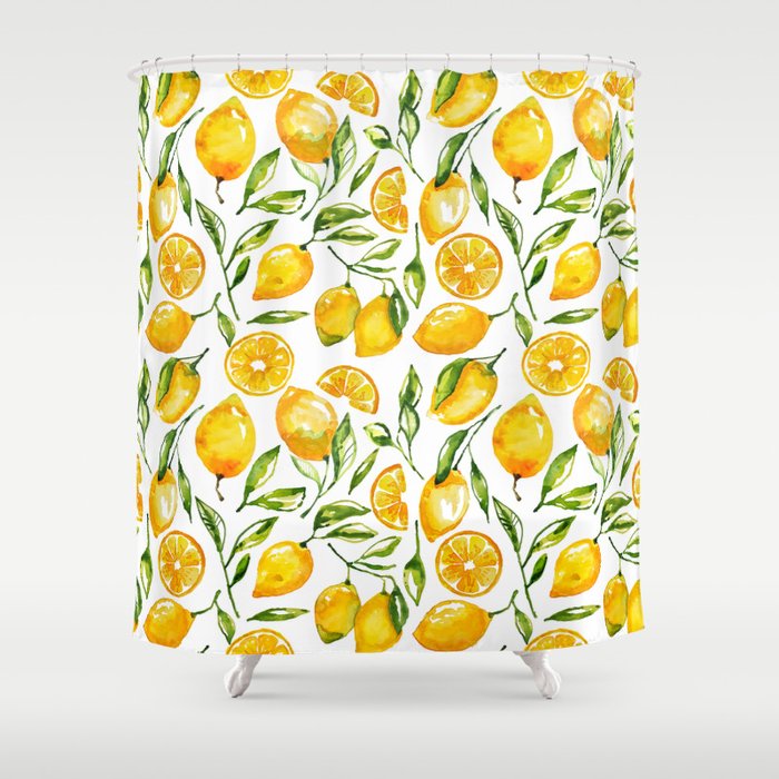 Lemon Watercolor Print Shower Curtain, Lemon Print Shower Curtain