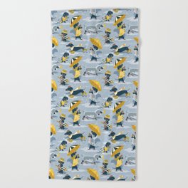 Ready For a Rainy Walk // pastel blue background dachshunds dogs with yellow and transparent rain co Beach Towel