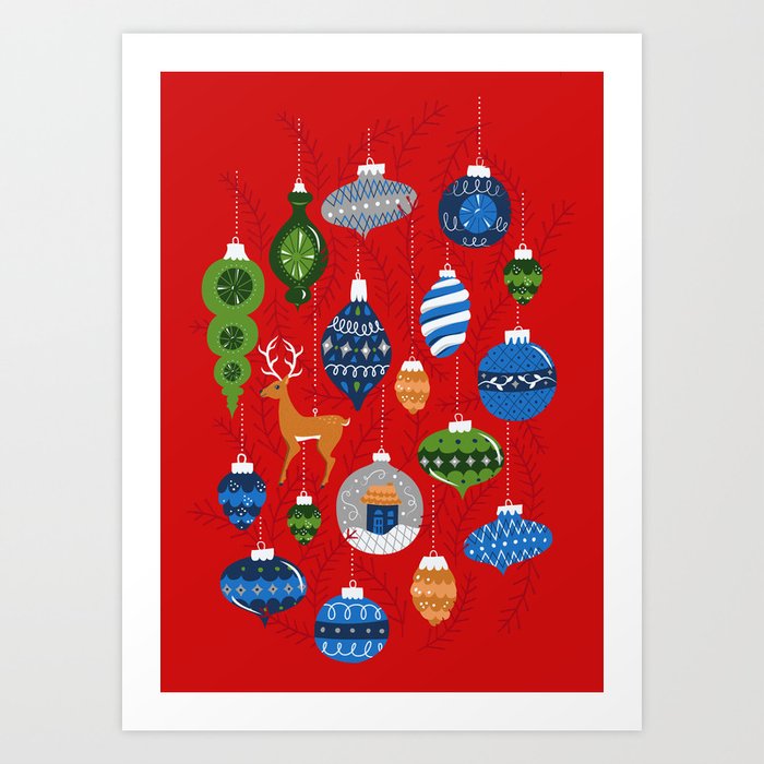 Holiday Ornaments in Red + Blue + Green Art Print