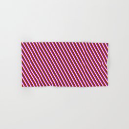 [ Thumbnail: Dark Green, Fuchsia, White & Red Colored Lined/Striped Pattern Hand & Bath Towel ]