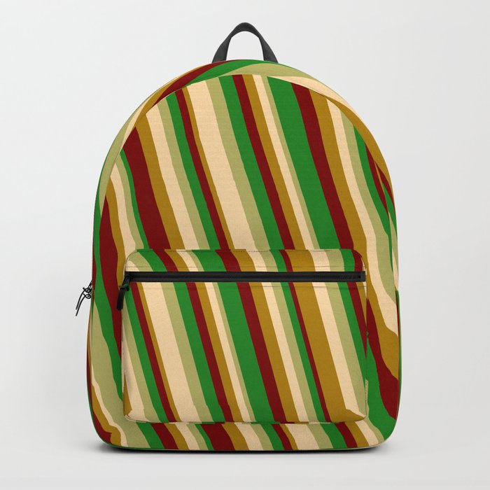 Eye-catching Forest Green, Dark Khaki, Tan, Dark Goldenrod & Maroon Colored Stripes Pattern Backpack