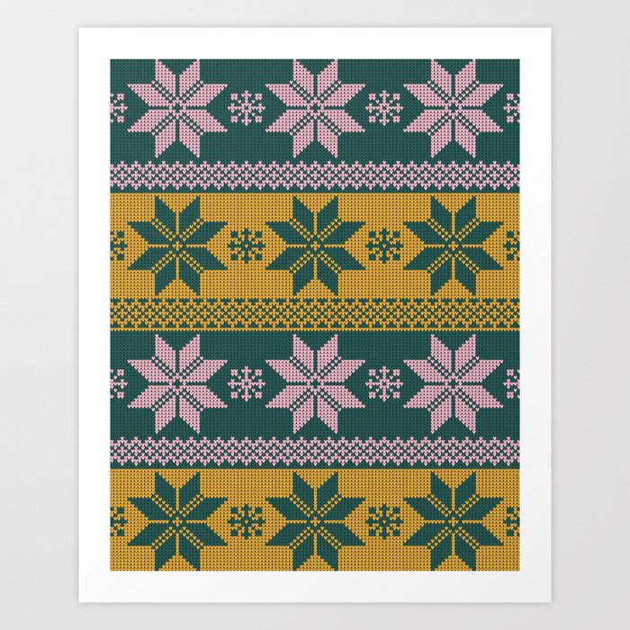 Fair Isle Knitted Snowflake Pattern in Mustard, Blush Pink and Green Art Print