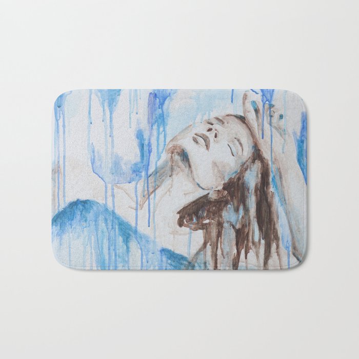 Morning By The Ocean Original Blue Painting With Woman Bath Mat