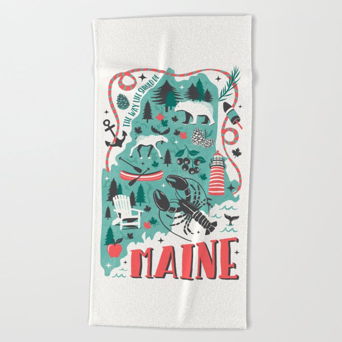 Maine Map Beach Towel