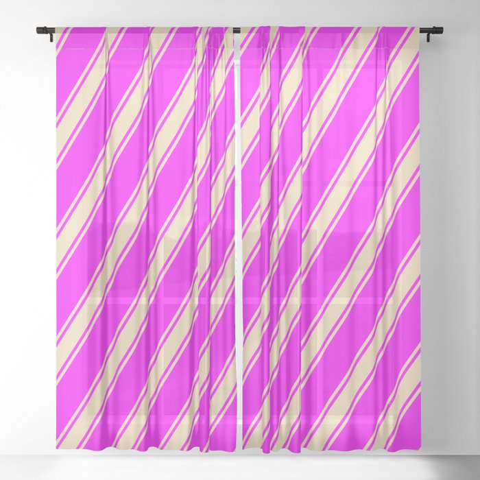 Fuchsia and Tan Colored Lined Pattern Sheer Curtain