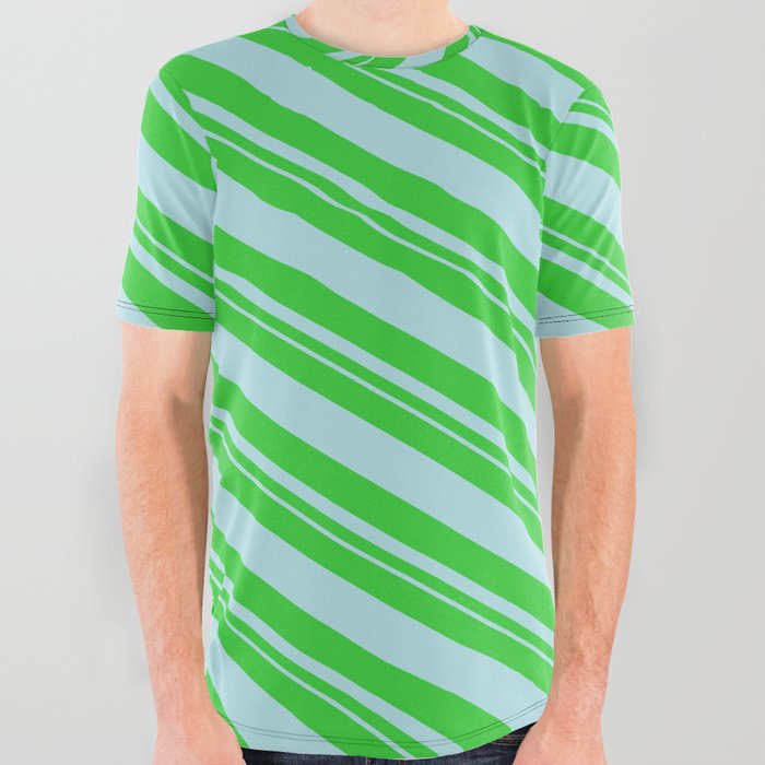 Lime Green and Powder Blue Colored Pattern of Stripes All Over Graphic Tee