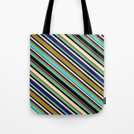 [ Thumbnail: Vibrant Dark Goldenrod, Turquoise, Black, Beige & Midnight Blue Colored Lines Pattern Tote Bag ]