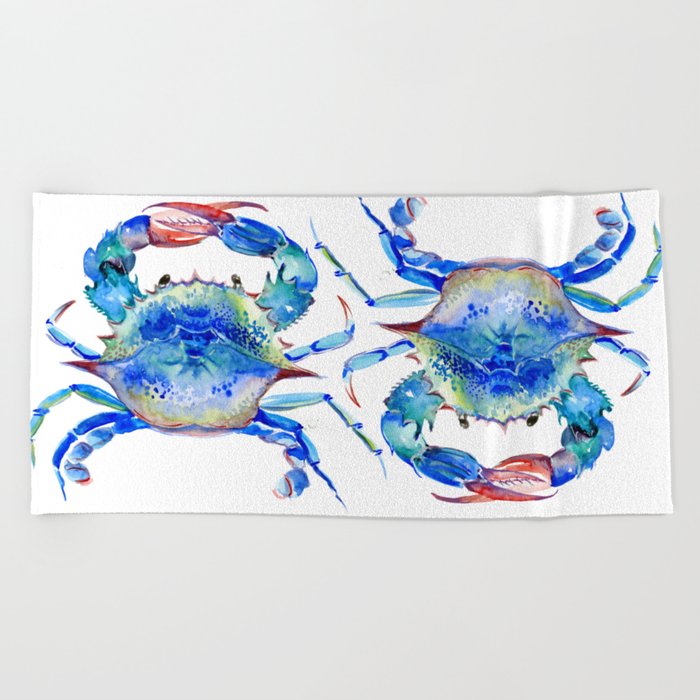 Blue Crab, crab restaurant seafood design art Beach Towel