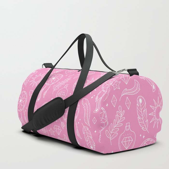 Pink And White Hand Drawn Boho Pattern Duffle Bag