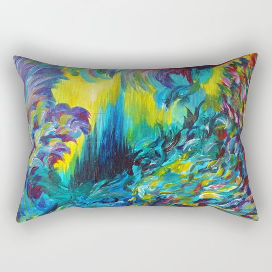 FLIGHT ON TAP - Whimsical Colorful Feathers Fountain Peacock Abstract Acrylic Painting Purple Teal Rectangular Pillow