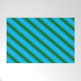 [ Thumbnail: Deep Sky Blue & Dark Green Colored Stripes/Lines Pattern Welcome Mat ]