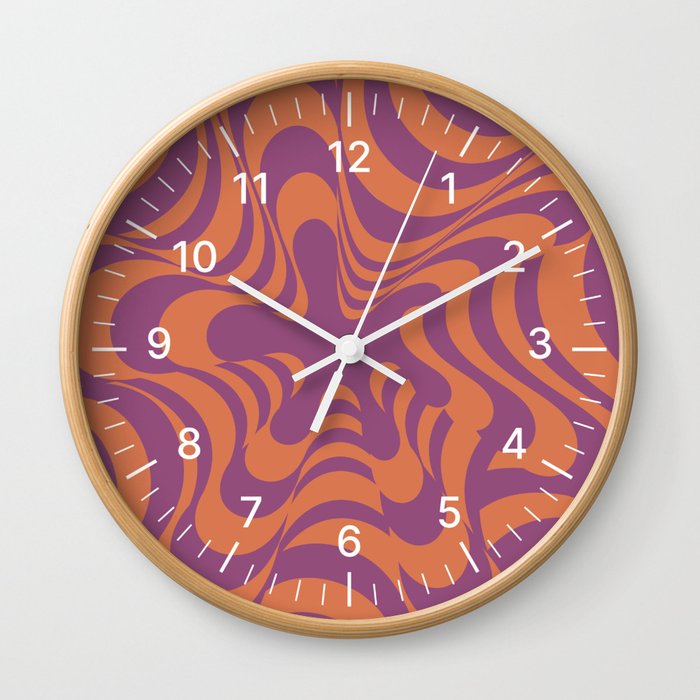 Abstract Groovy Retro Liquid Swirl Purple Orange Pattern Wall Clock