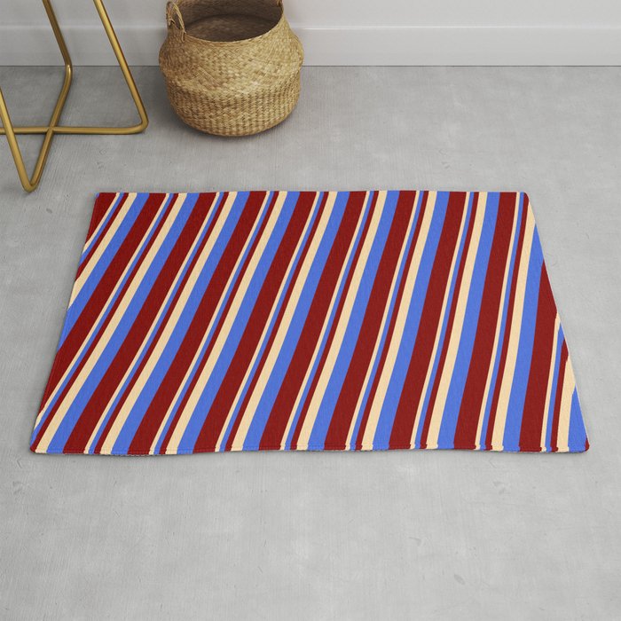Tan, Royal Blue, and Maroon Colored Lines Pattern Rug